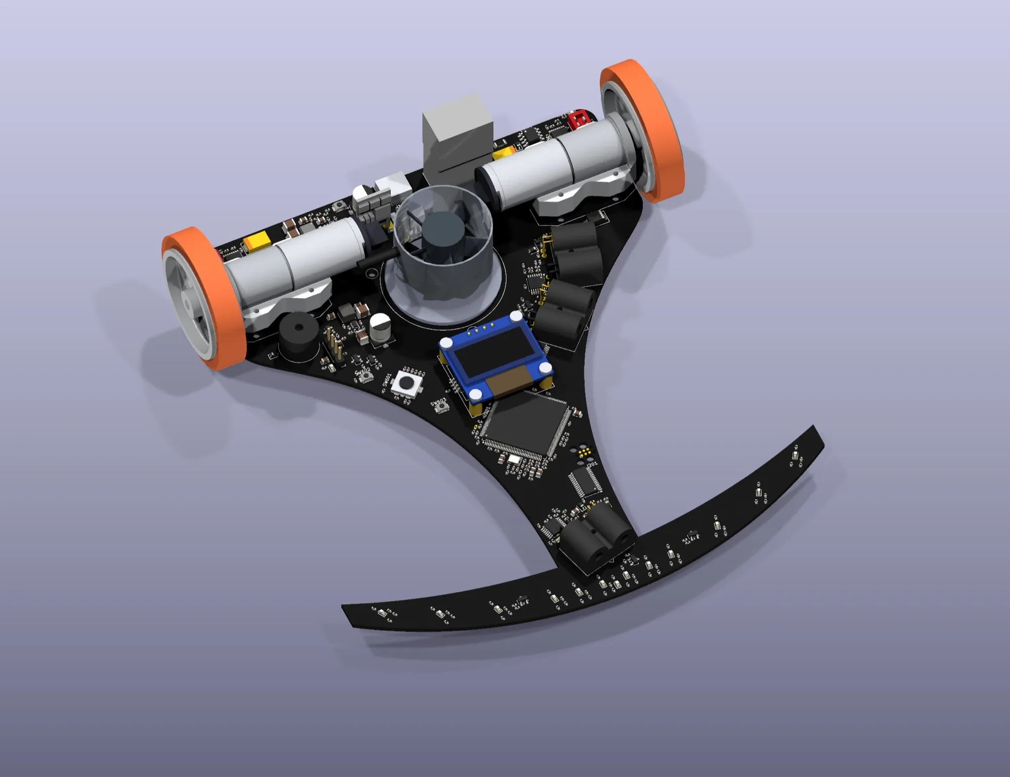 Rendu 3D d'UsainBot : carte noire en forme d'ancre, deux roues orange, turbine centrale et barrette de capteurs à l'avant