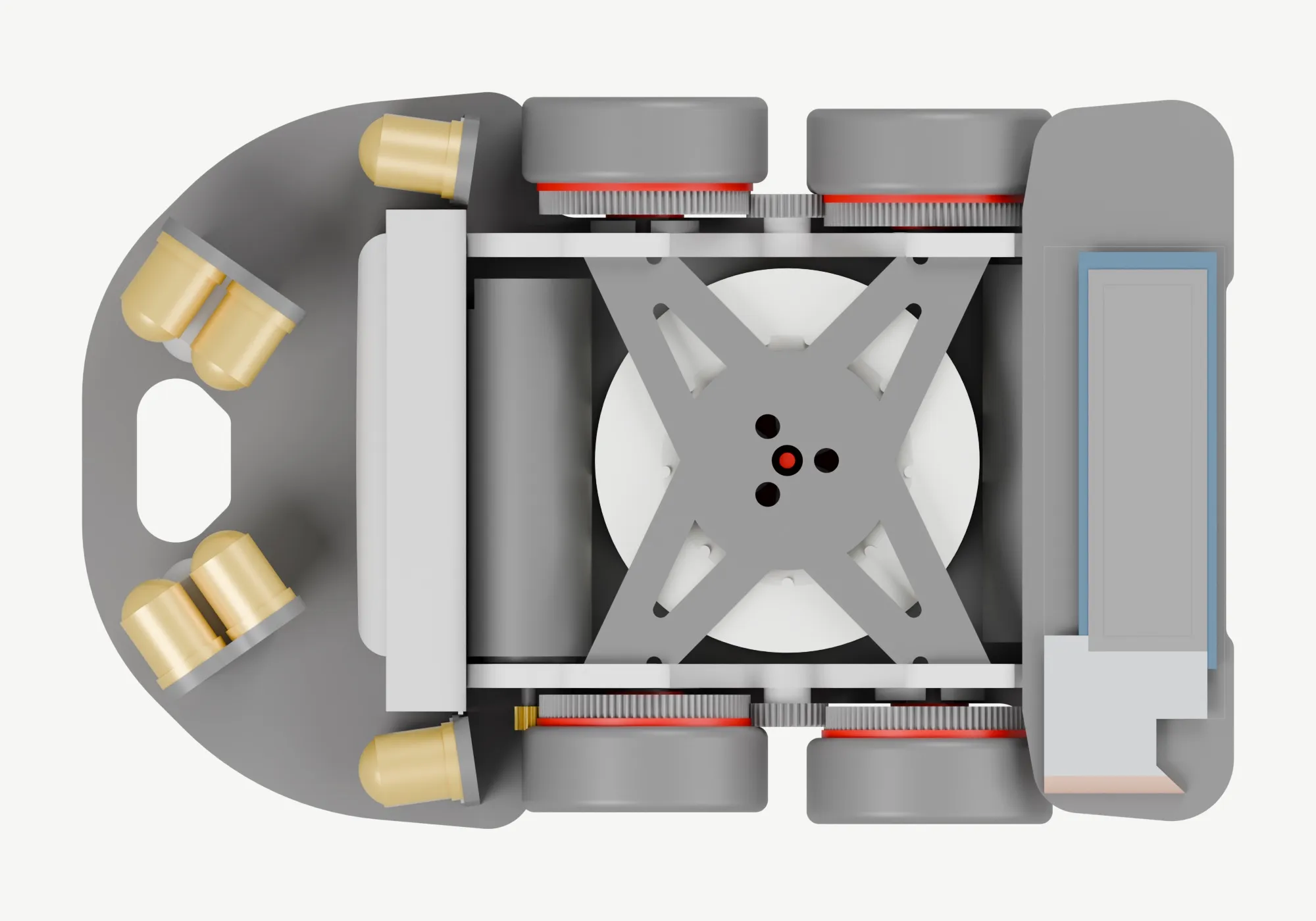 Rendu 3D de Zhonx V vu de dessus : capteurs à l'avant, batteries, turbine blanche au centre, trains d'engrenages le long des roues et écran à l'arrière