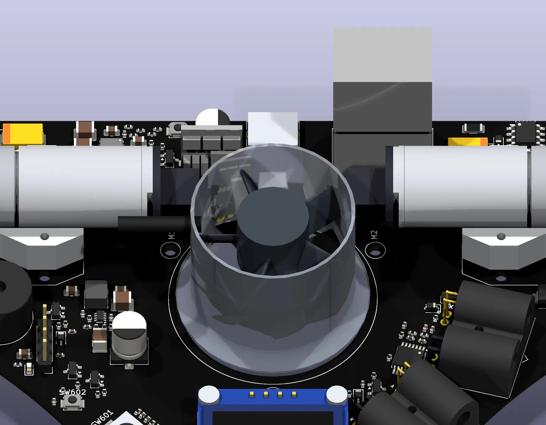 Rendu 3D d'UsainBot en gros plan sur la turbine d'aspiration placée entre les deux moteurs