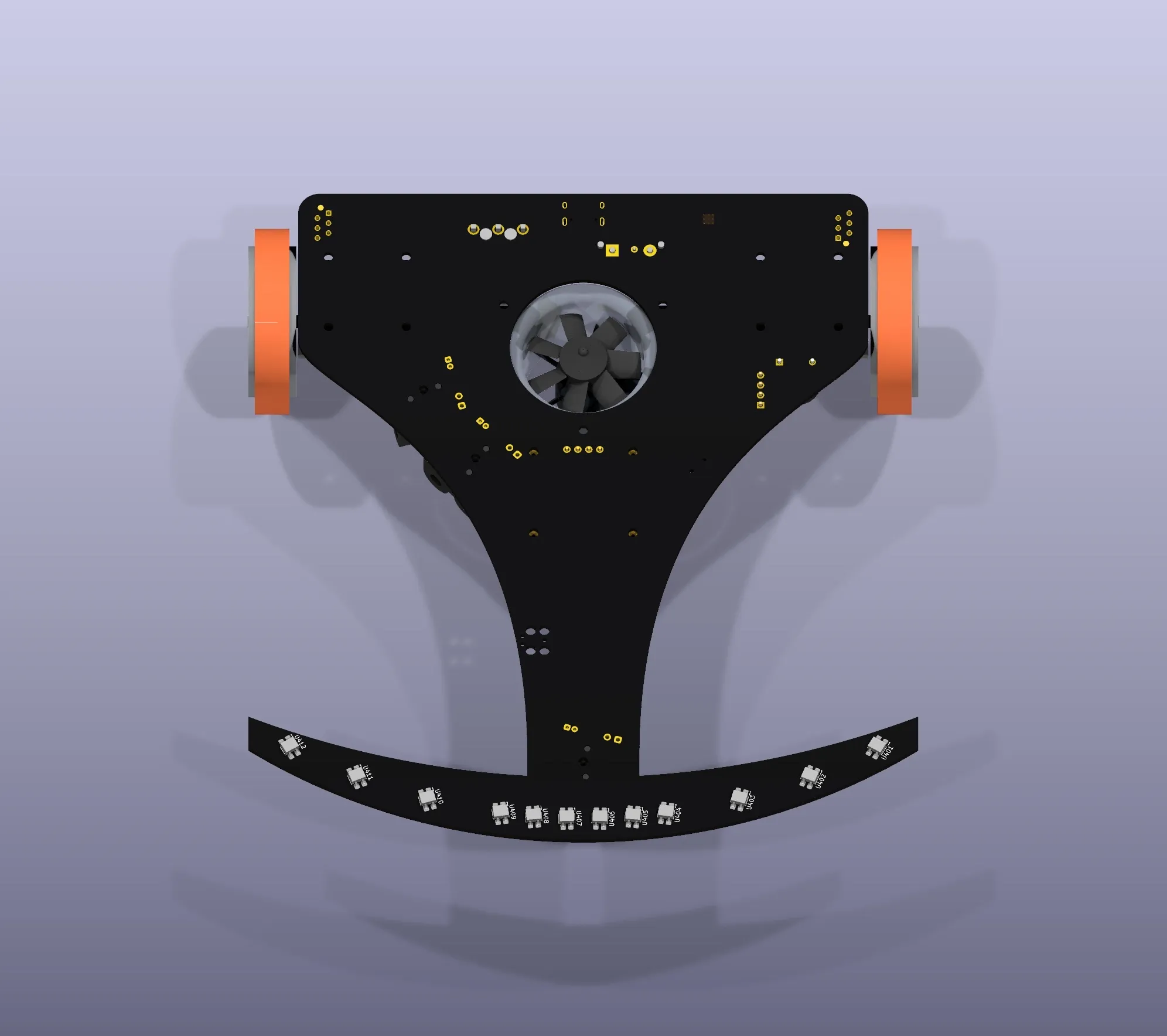Rendu 3D du dessous d'UsainBot, avec la barrette de capteurs de ligne en arc