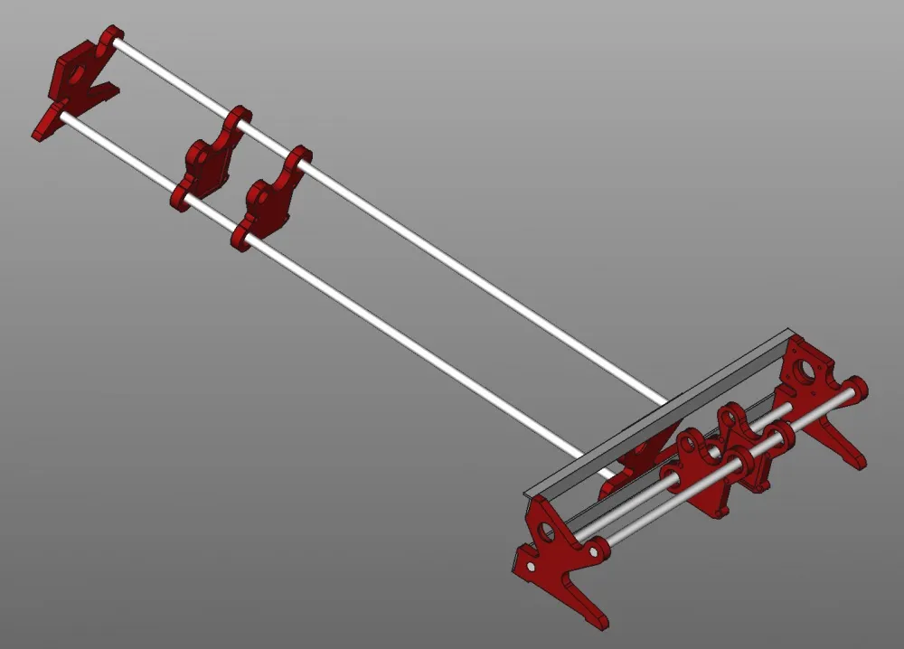 Modèle 3D d'un banc fait de deux longues tiges et de flasques rouges portant un mur et un support de robot
